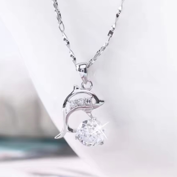 Sterling Silver Dolphin Cubic Zirconia Necklace - Picture 1 of 1